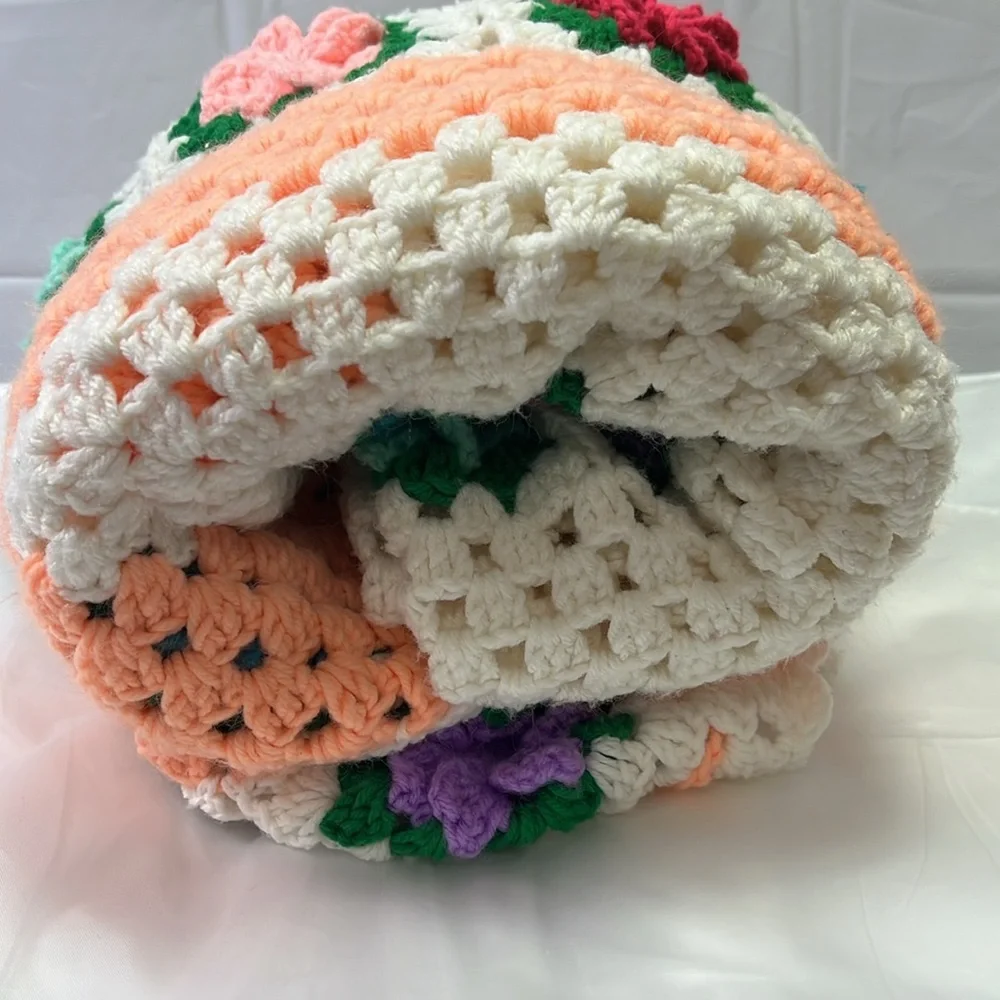 Throw Floral Knitted Hand Made Crafted 46 x43